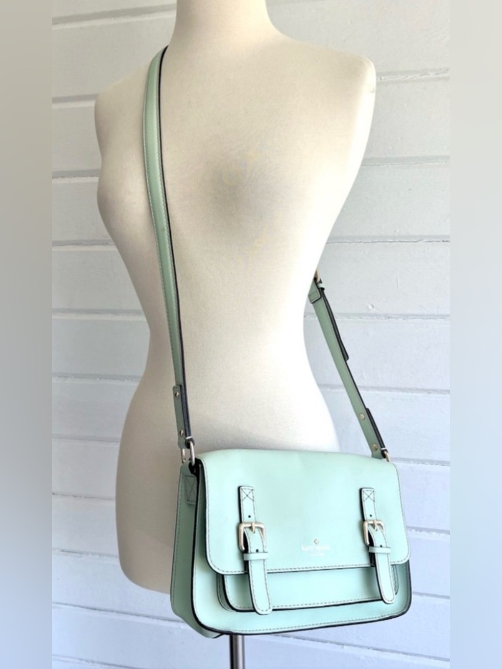 Kate Spade Essex Scout Crossbody Bag Faded Mint Green Leather Satchel Buckle VTG